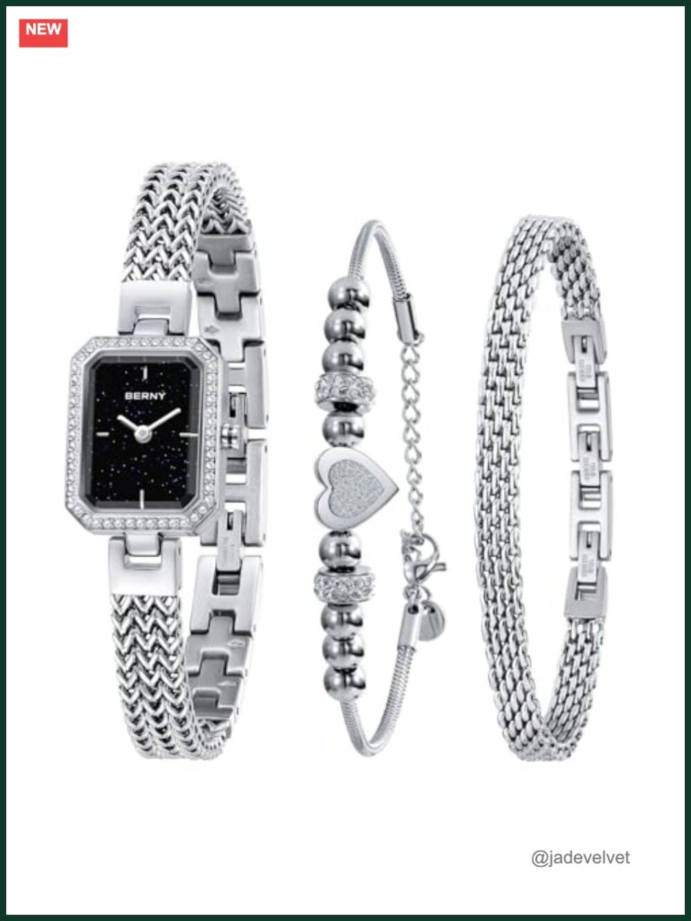 BERNY Dainty Quartz Watch & Bracelet Set for Women Crystal Accent silver-tone